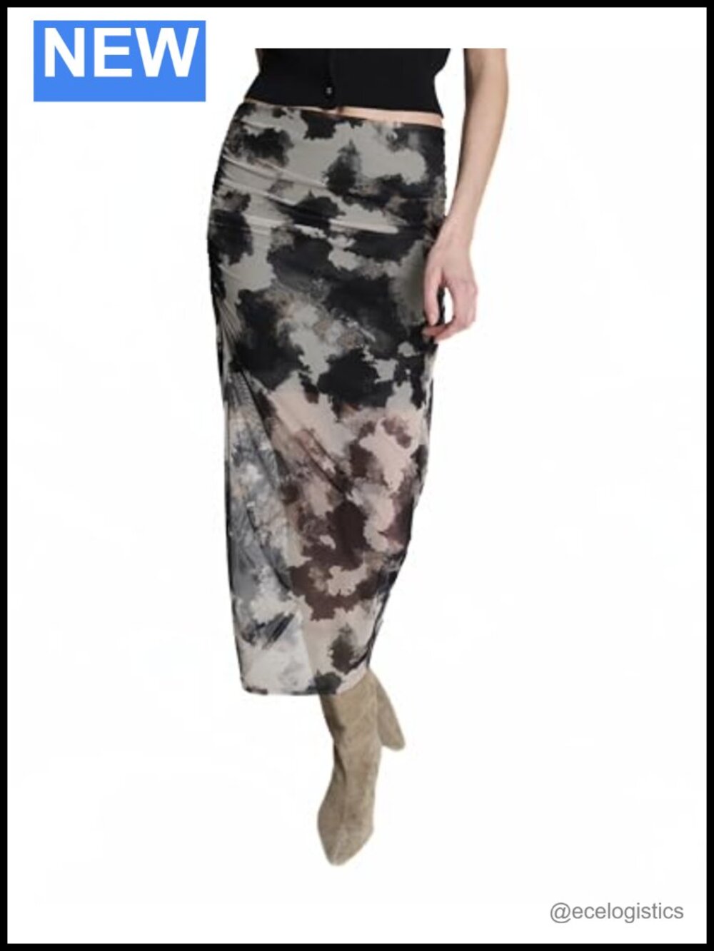 Pull-On Ruched Midi Skirt with Built-In Underwear, Sheer Mesh